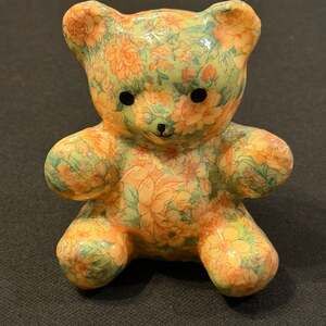 Vintage Prezzies! Floral Fabric Decoupage Teddy Bear Figurine Made in USA